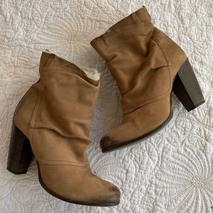 Boutique 9 Tan Suede Slouch Bootie Faux Fur Trim
